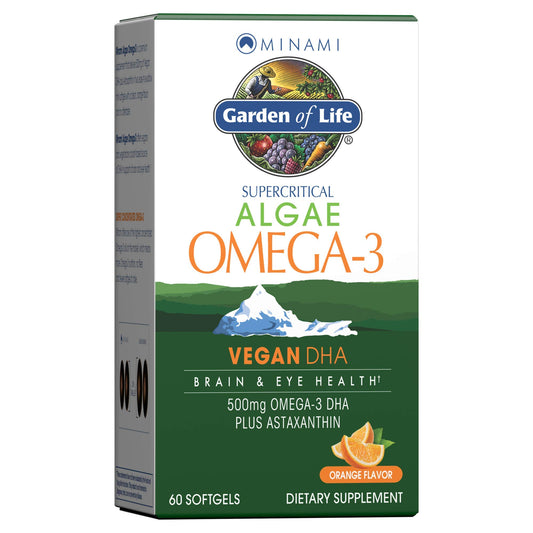 Garden of Life Minami Omega-3 orange bottle showing vegan DHA source for brain support