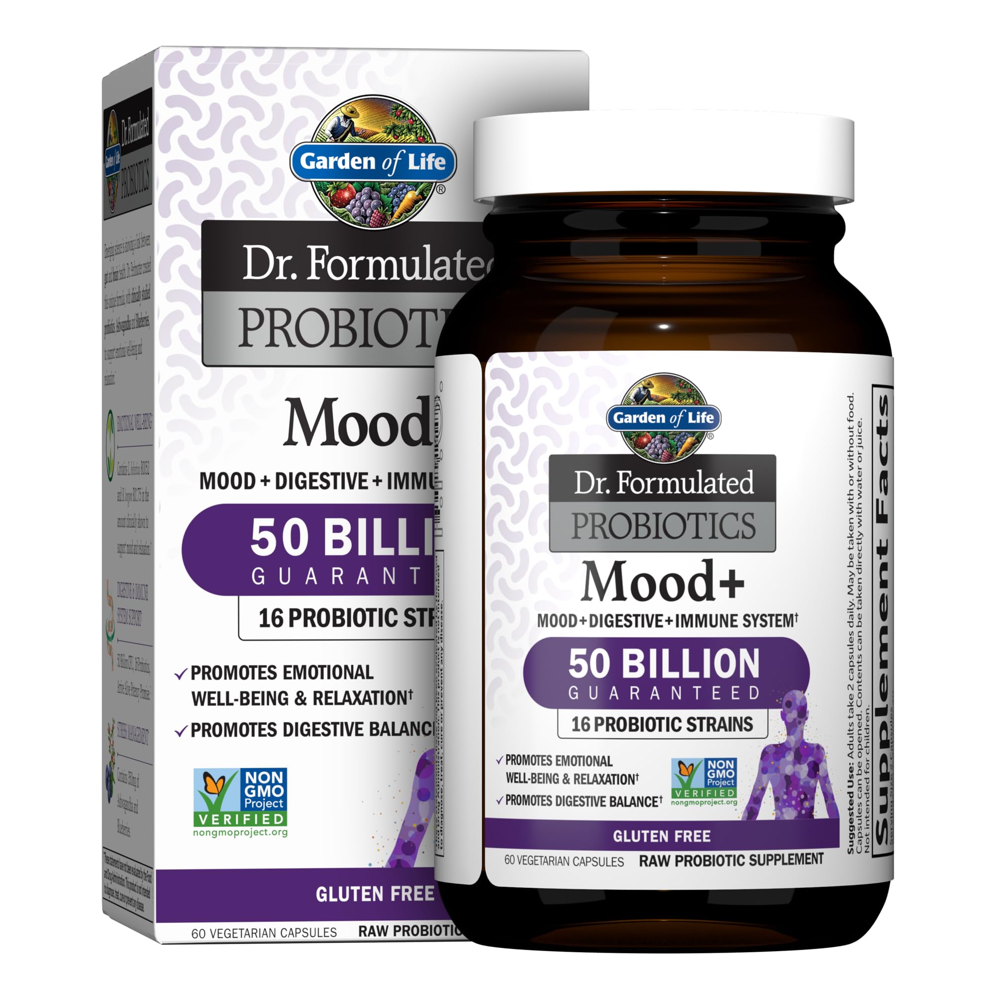 Garden of Life Mood+ bottle shown for daily digestive health support.