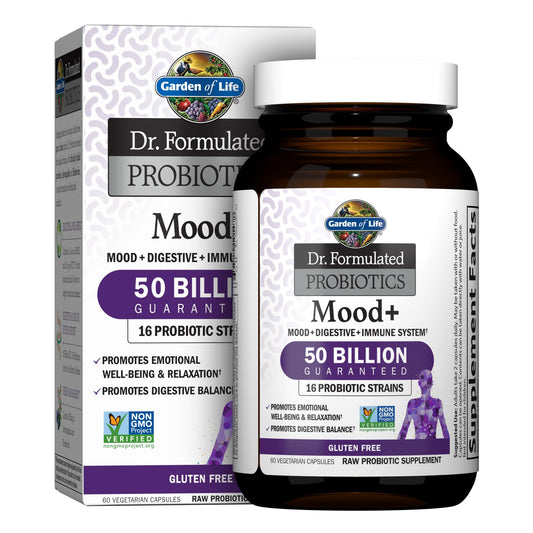 Garden of Life Mood+ bottle shown for daily digestive health support.