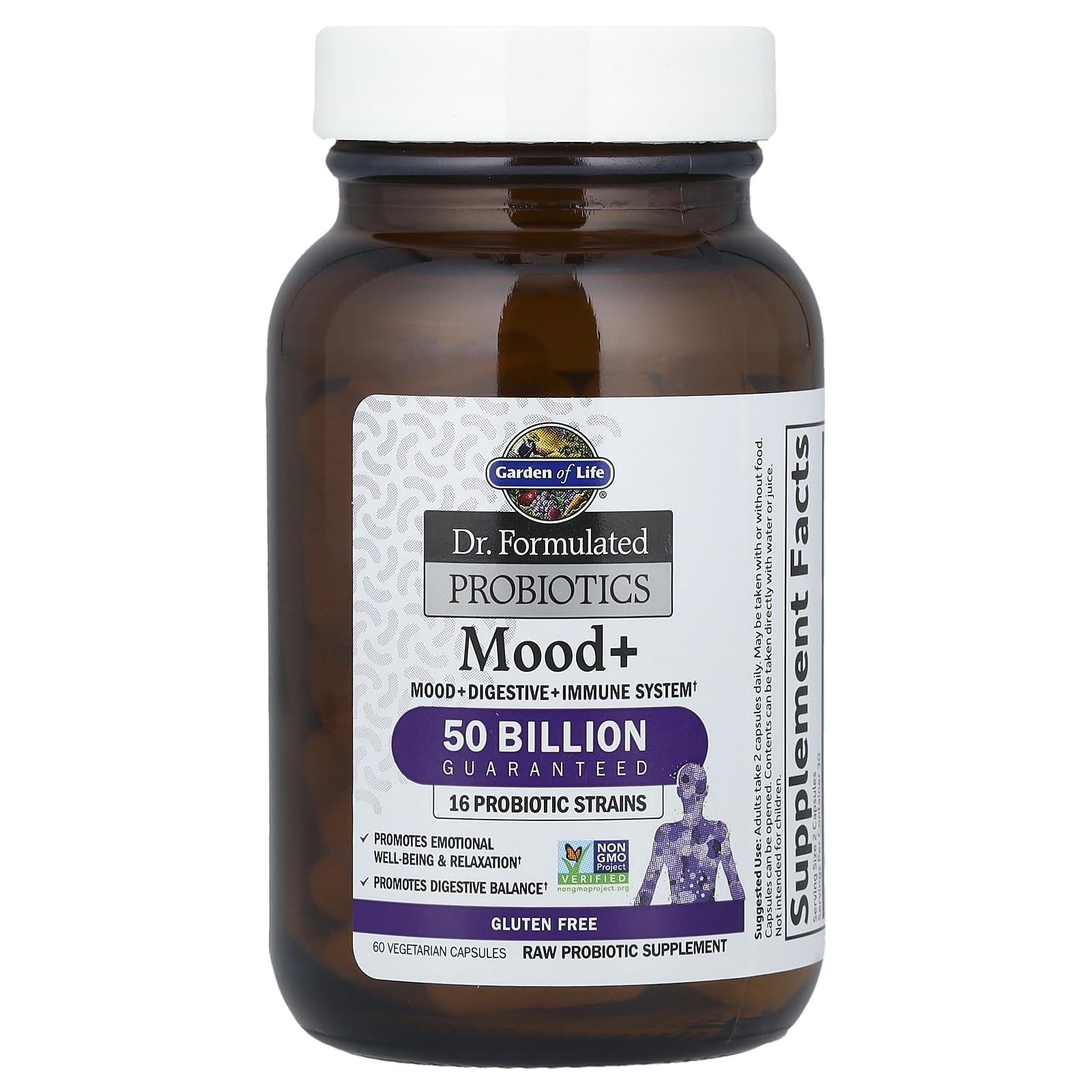 Mood+ product label front, emphasizing clean, vegetarian, gluten-free formula.