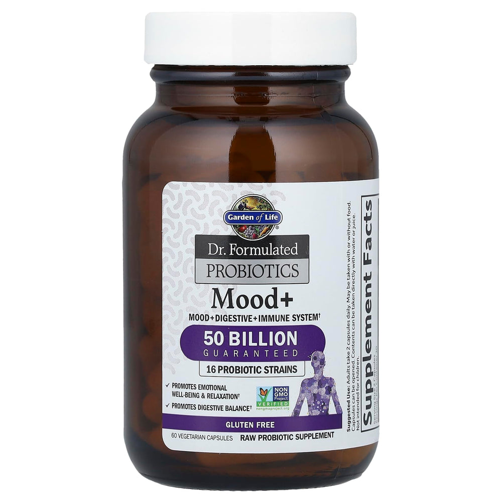 Mood+ product label front, emphasizing clean, vegetarian, gluten-free formula.