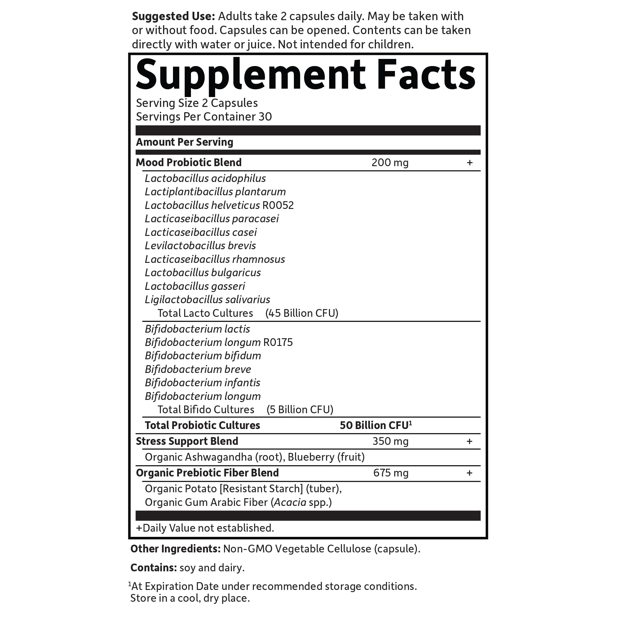 Illustration of Mood+ 16 probiotic strains and features