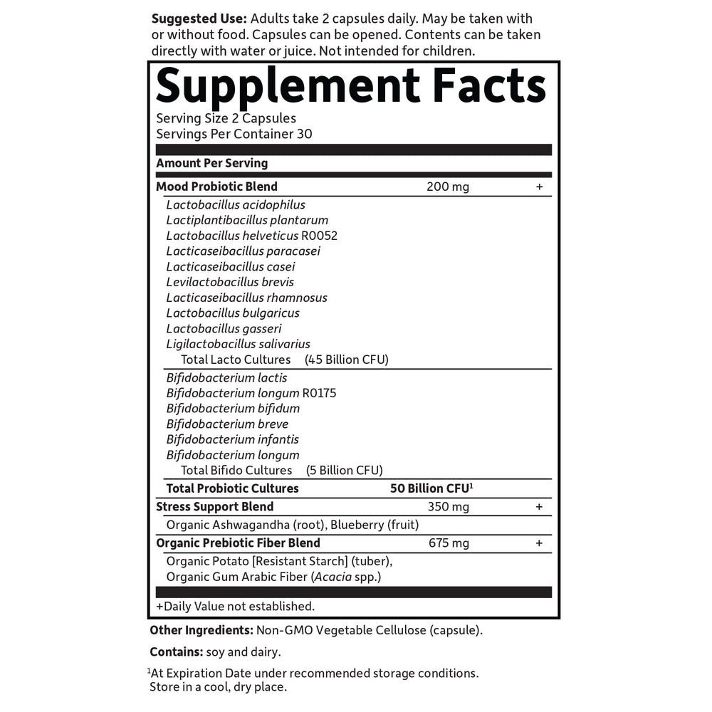 Illustration of Mood+ 16 probiotic strains and features