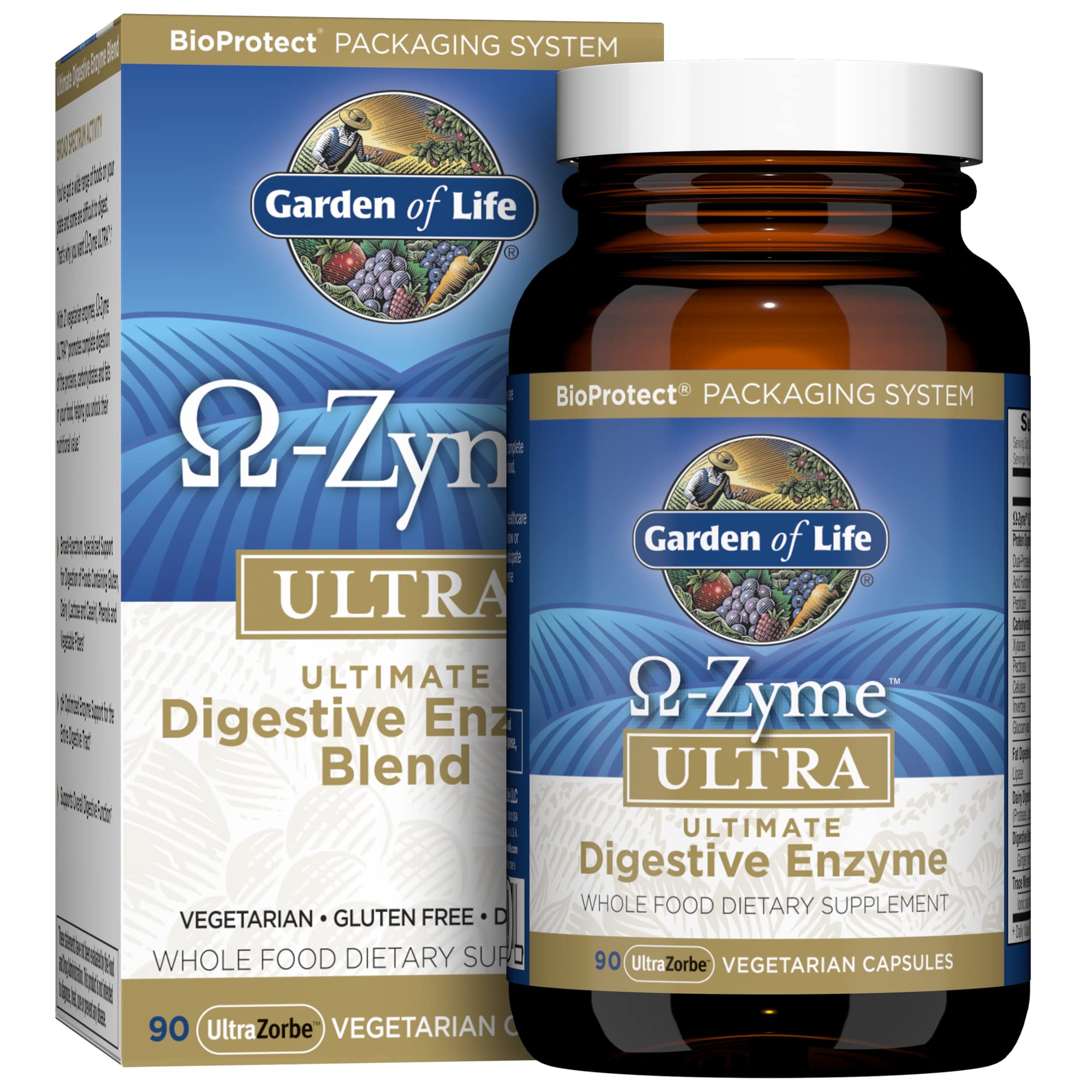 Garden of Life Omega-Zyme Ultra bottle front shows 90 vegetarian capsules for digestion support.