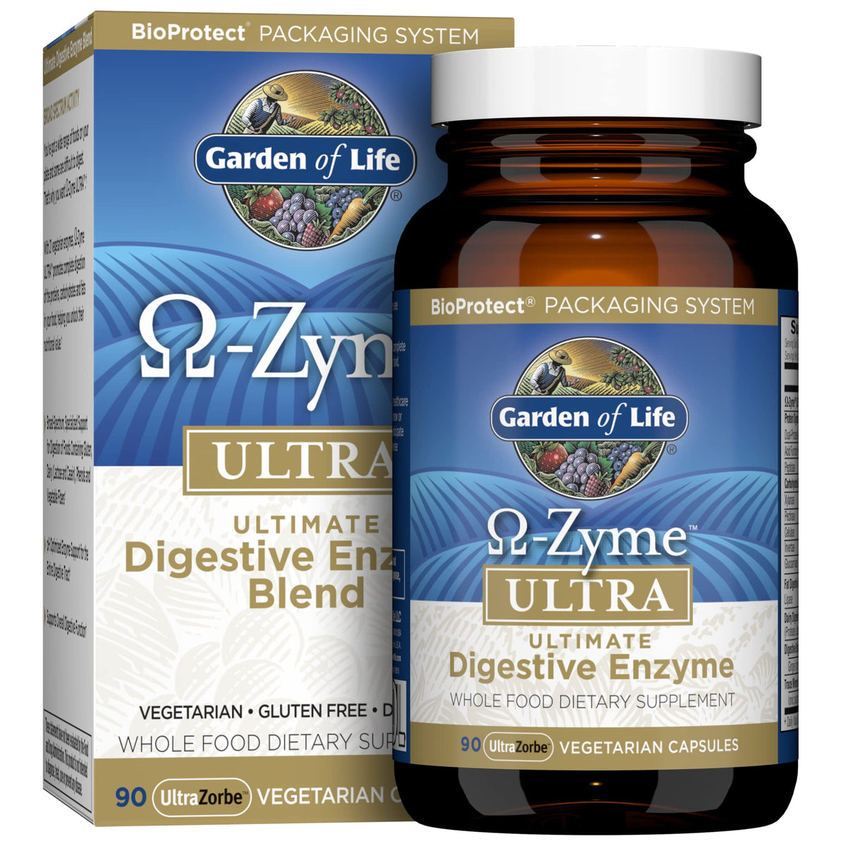 Garden of Life Omega-Zyme Ultra bottle front shows 90 vegetarian capsules for digestion support.