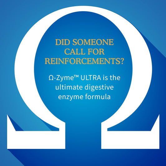 Garden of Life Omega-Zyme Ultra bottle being poured demonstrates easy daily use for digestion support.