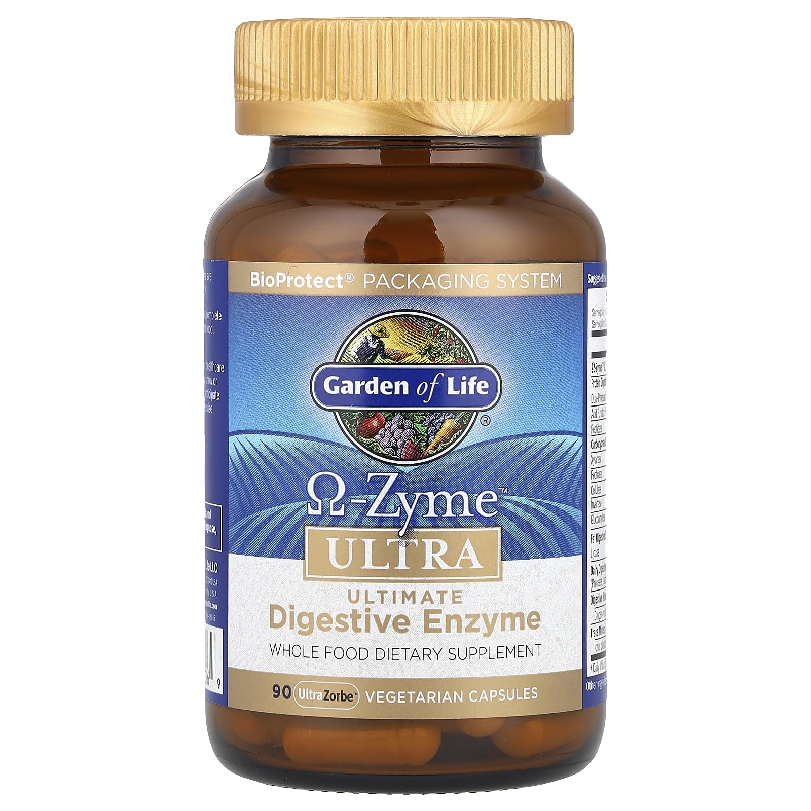 Close-up of Garden of Life Omega-Zyme Ultra capsules highlighting vegetarian formula.