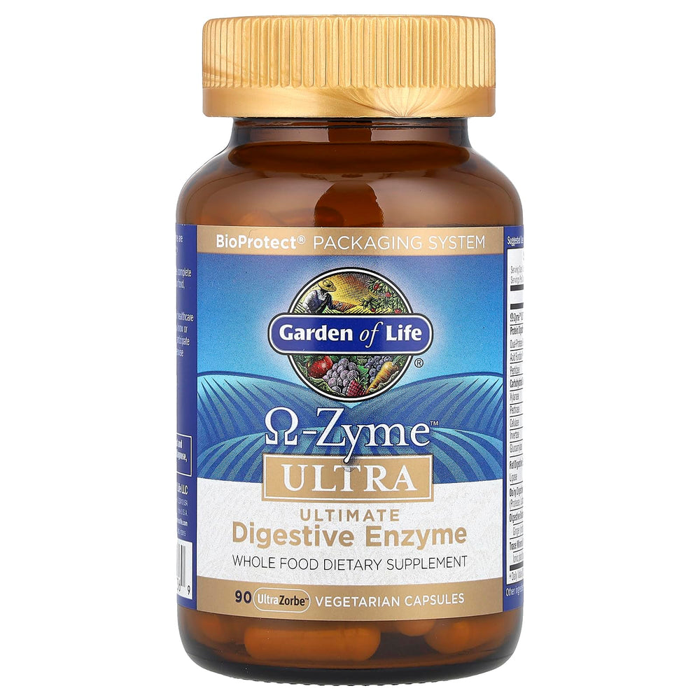 Close-up of Garden of Life Omega-Zyme Ultra capsules highlighting vegetarian formula.