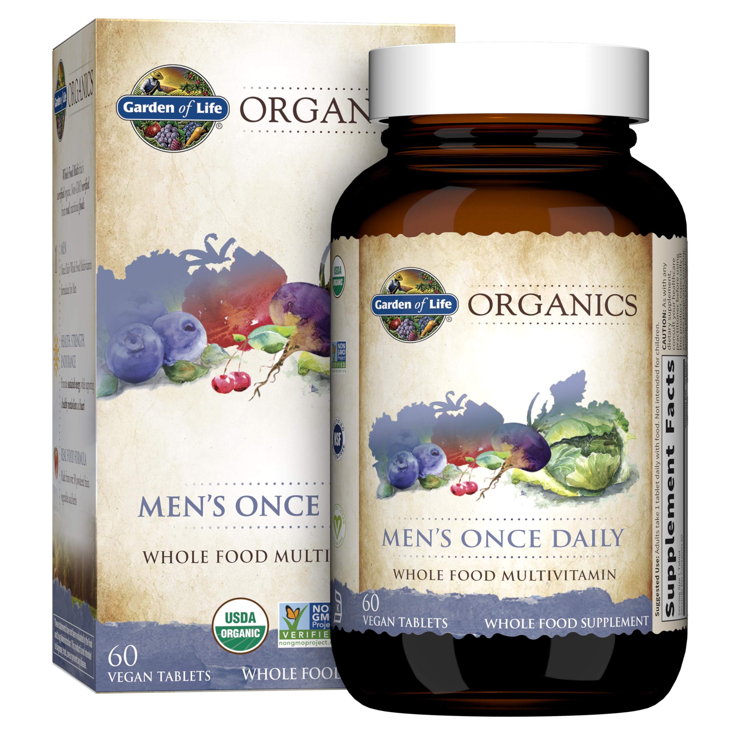 Garden of Life Once Daily Men multivitamin bottle showing organic vegan formula for daily energy.