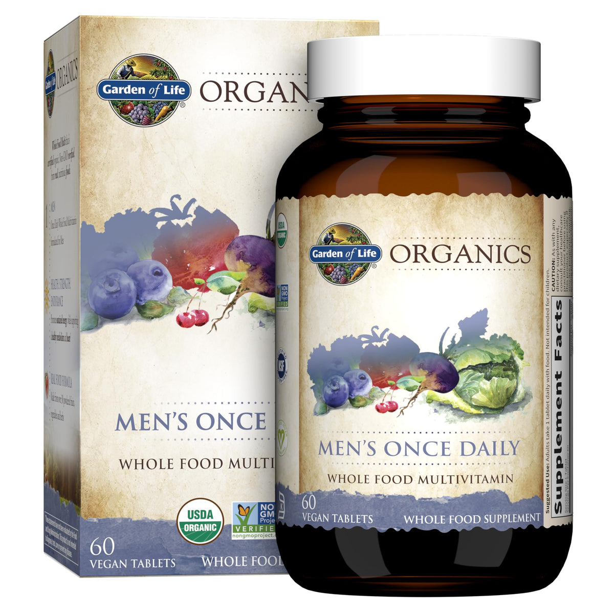 Garden of Life Once Daily Men multivitamin bottle showing organic vegan formula for daily energy.