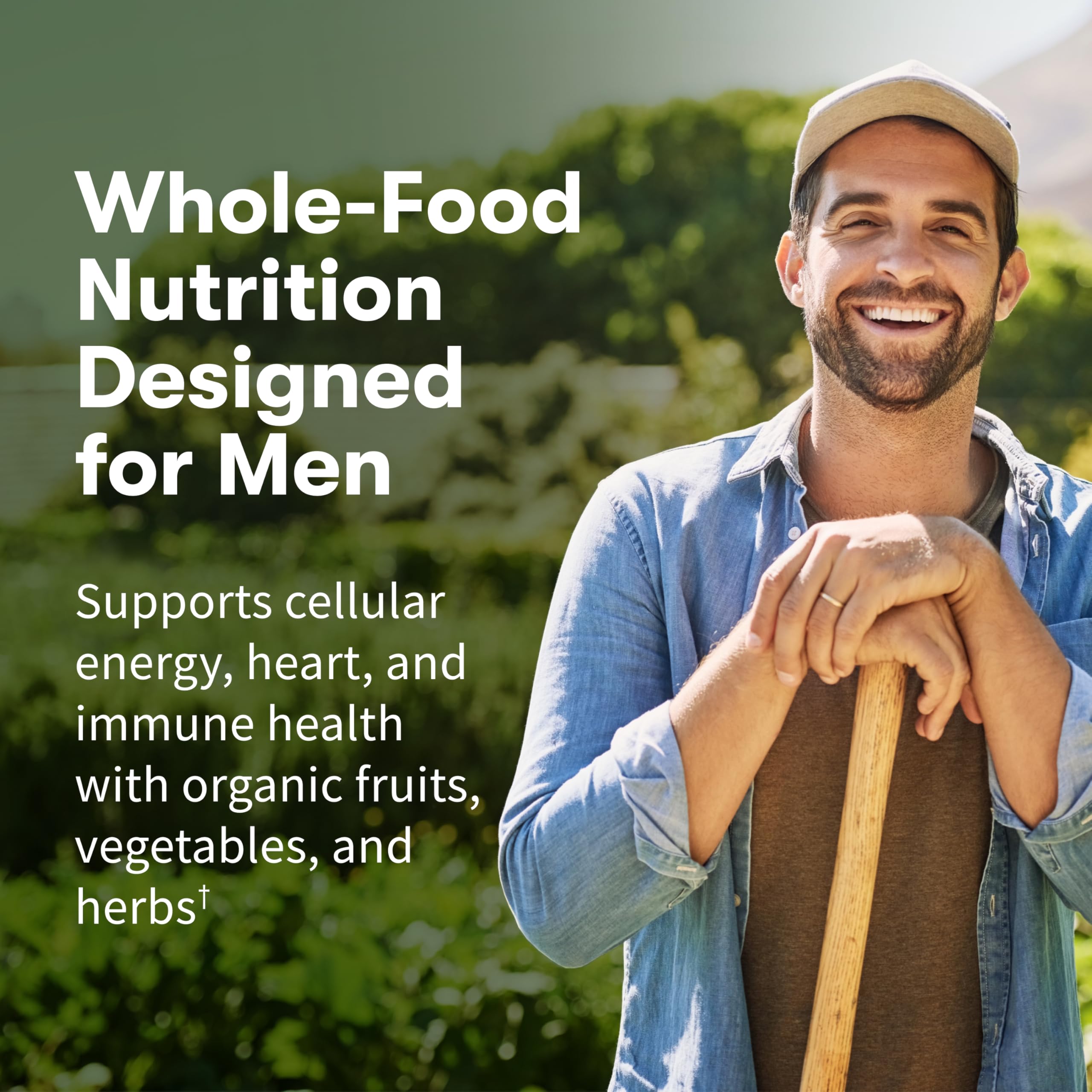 Garden of Life Once Daily Men tablets close-up highlighting heart and prostate health nutrients.