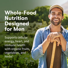 Garden of Life Once Daily Men tablets close-up highlighting heart and prostate health nutrients.
