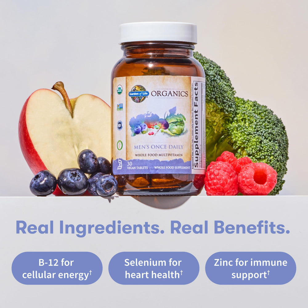 Garden of Life Organic fruits and vegetables ingredients visualizing whole-food nutrition.