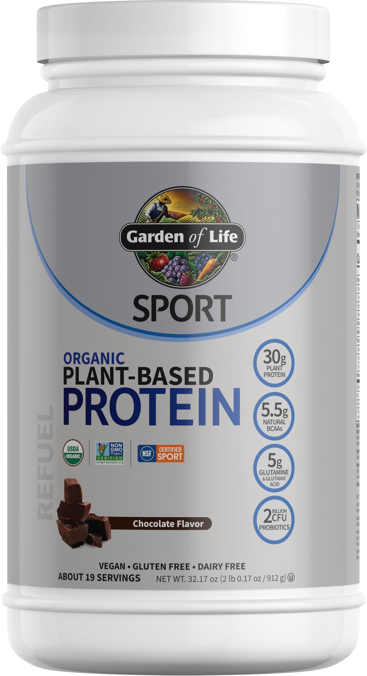 Garden of Life organic vegan protein chocolate tub supports post-workout refuel with smooth texture.