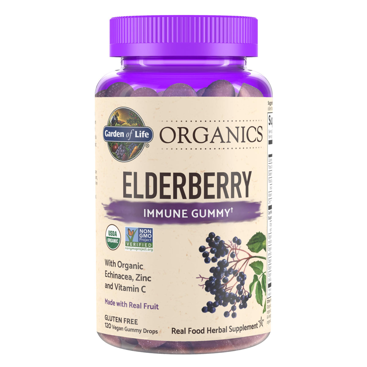 Garden of Life Organics Elderberry Gummies bottle and pour, convenient daily immune support.