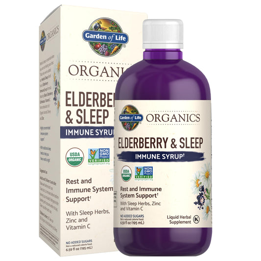 Garden of Life Organics Elderberry Zinc Immune Syrup bottle shown for daily immune support