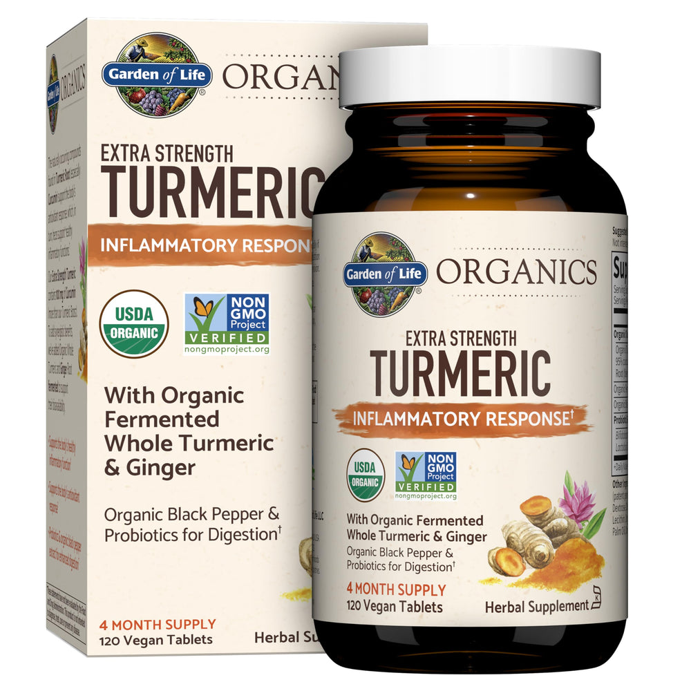 Garden of Life Organics turmeric bottle front with organic certification