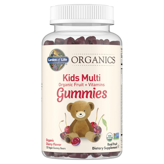 Garden of Life Organics Kids Gummy Vitamins bottle closeup showing USDA Organic certification.