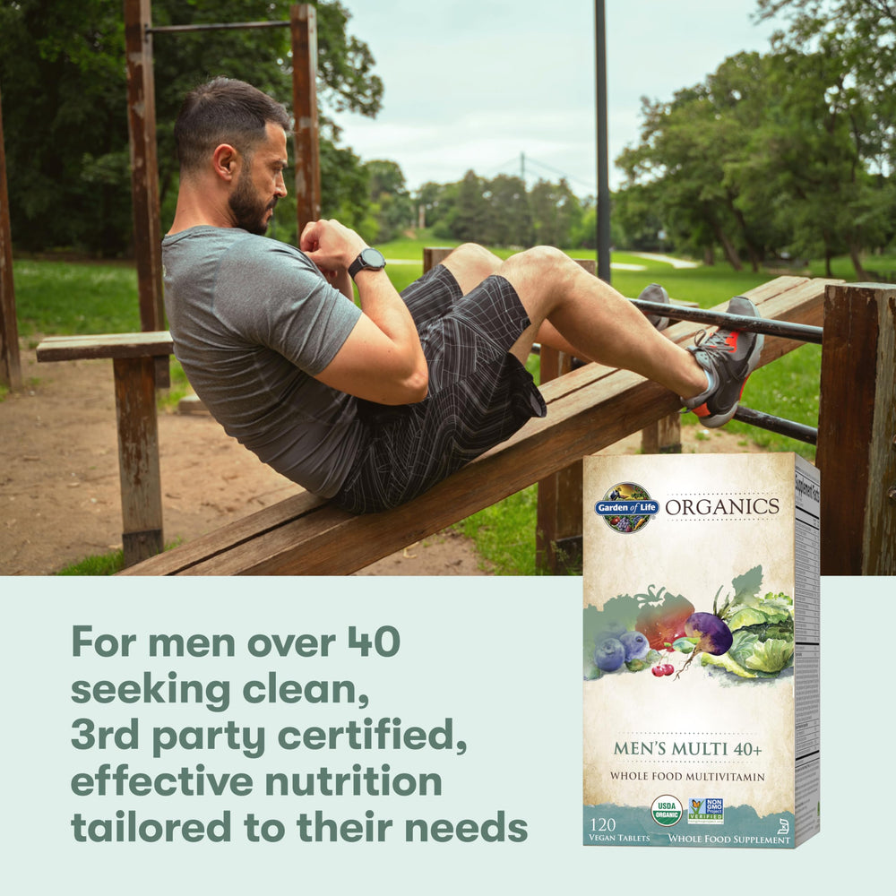 Garden of Life Organics Men 40+ back-of-label highlights vitamins and minerals.
