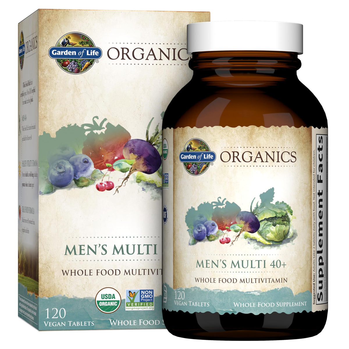 Garden of Life Organics Men 40+ bottle front showing vegan organic multivitamin for daily vitality.