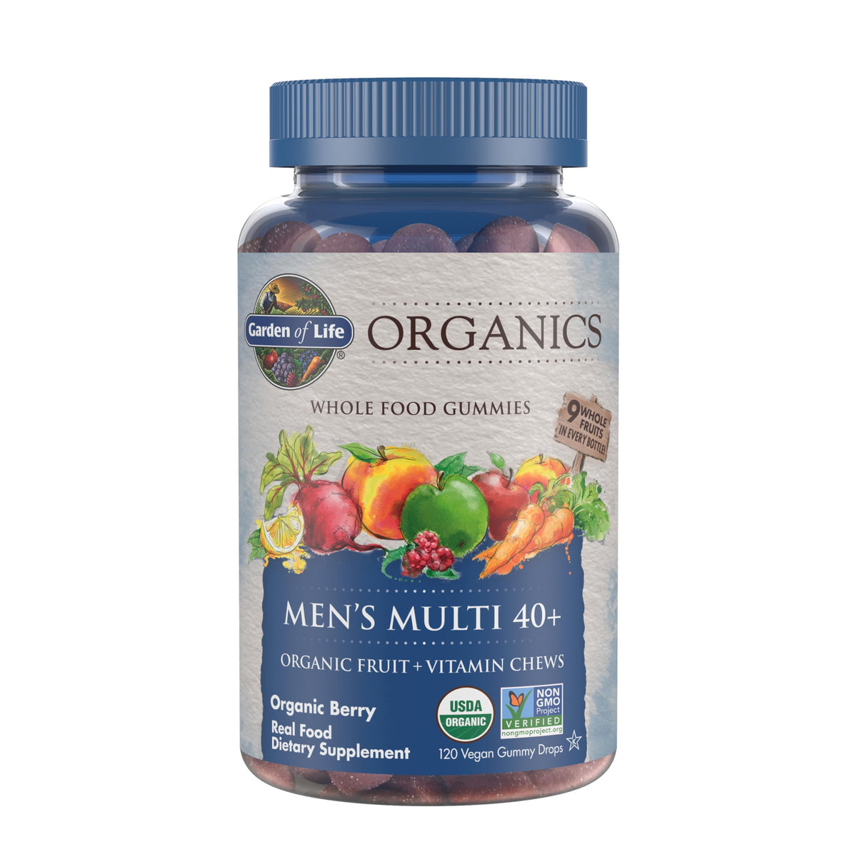 Garden of Life Organics Men 40+ berry gummies bottle closeup, vegan D3 support.