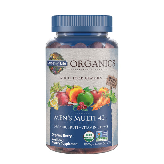 Garden of Life Organics Men 40+ berry gummies bottle closeup, vegan D3 support.