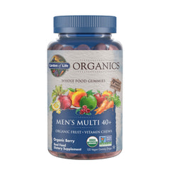 Garden of Life Organics Men 40+ berry gummies bottle closeup, vegan D3 support.