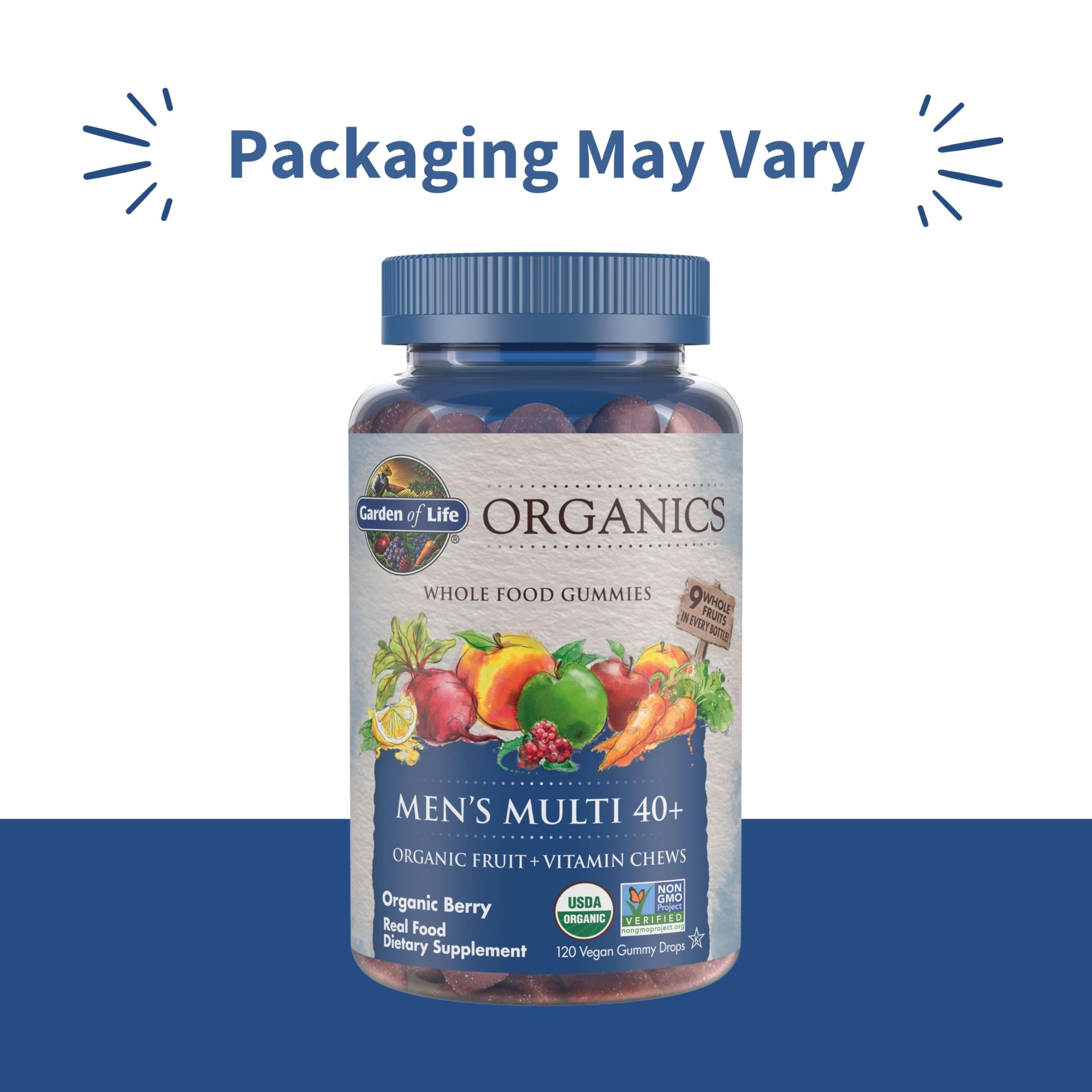 Garden of Life Organics Men 40+ gummies with berry flavor for daily use.