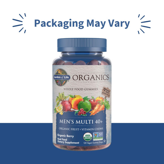 Garden of Life Organics Men 40+ gummies with berry flavor for daily use.