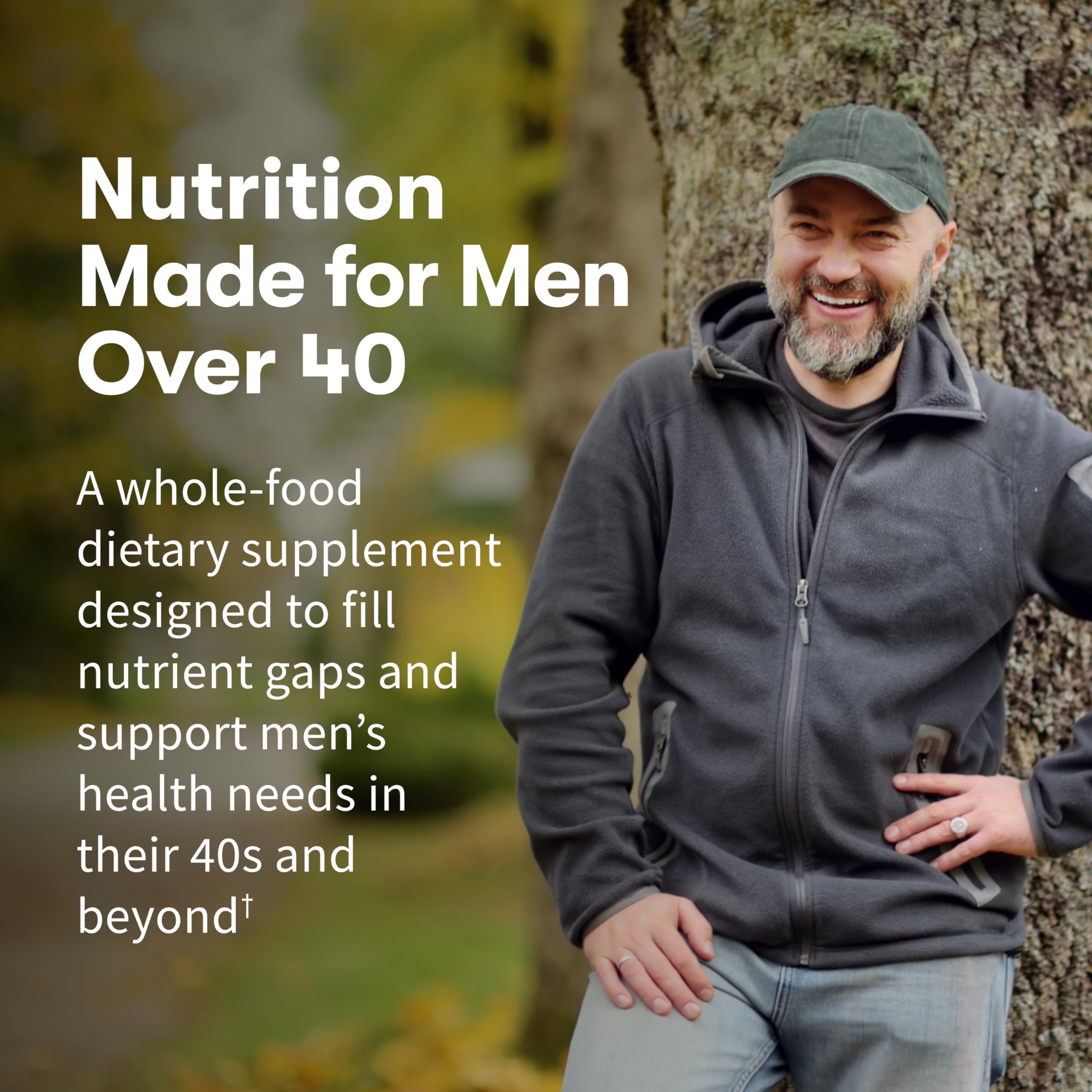 Garden of Life Organics Men 40+ tablets closeup featuring easy-to-swallow vegan capsules.
