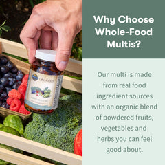 Garden of Life Organics Men 40+ vegan symbol signals plant-based nutrition.