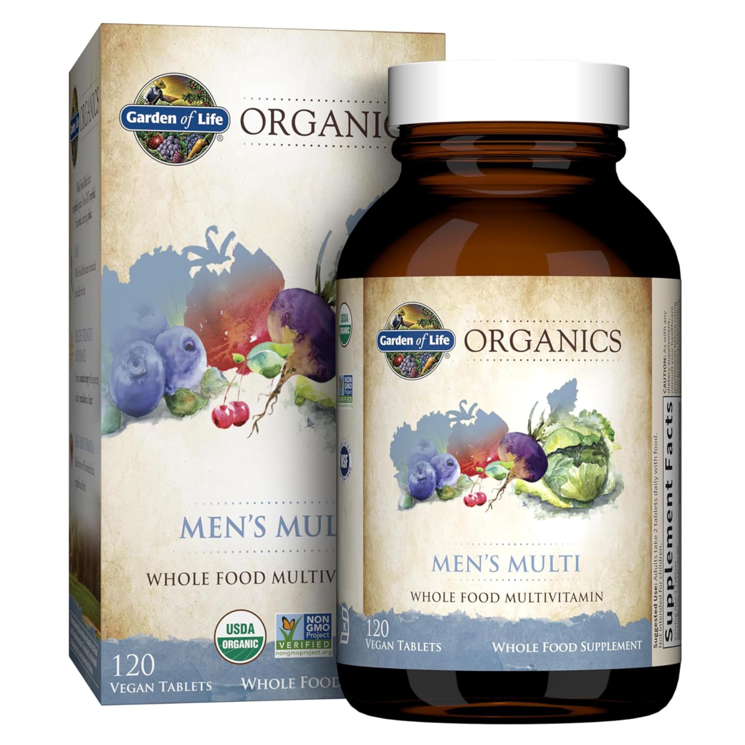 Garden of Life Organics Men’s Multi bottle, vegan and organic daily multivitamin.