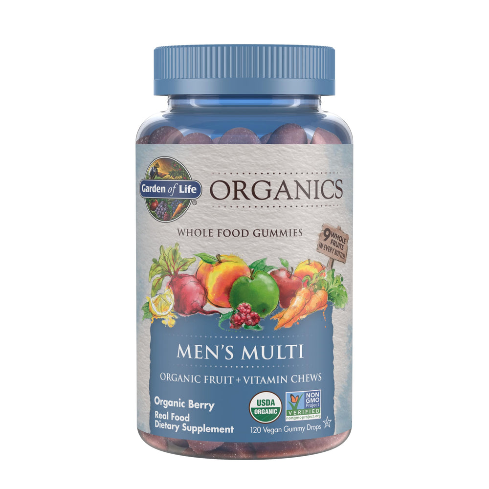 Garden of Life Organics Men’s Multi Gummies bottle highlighting berry flavor for daily use