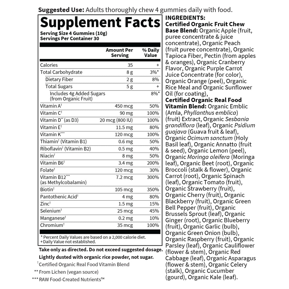Vegan symbol on Garden of Life Organics Men’s Multi Gummies packaging with D3 source