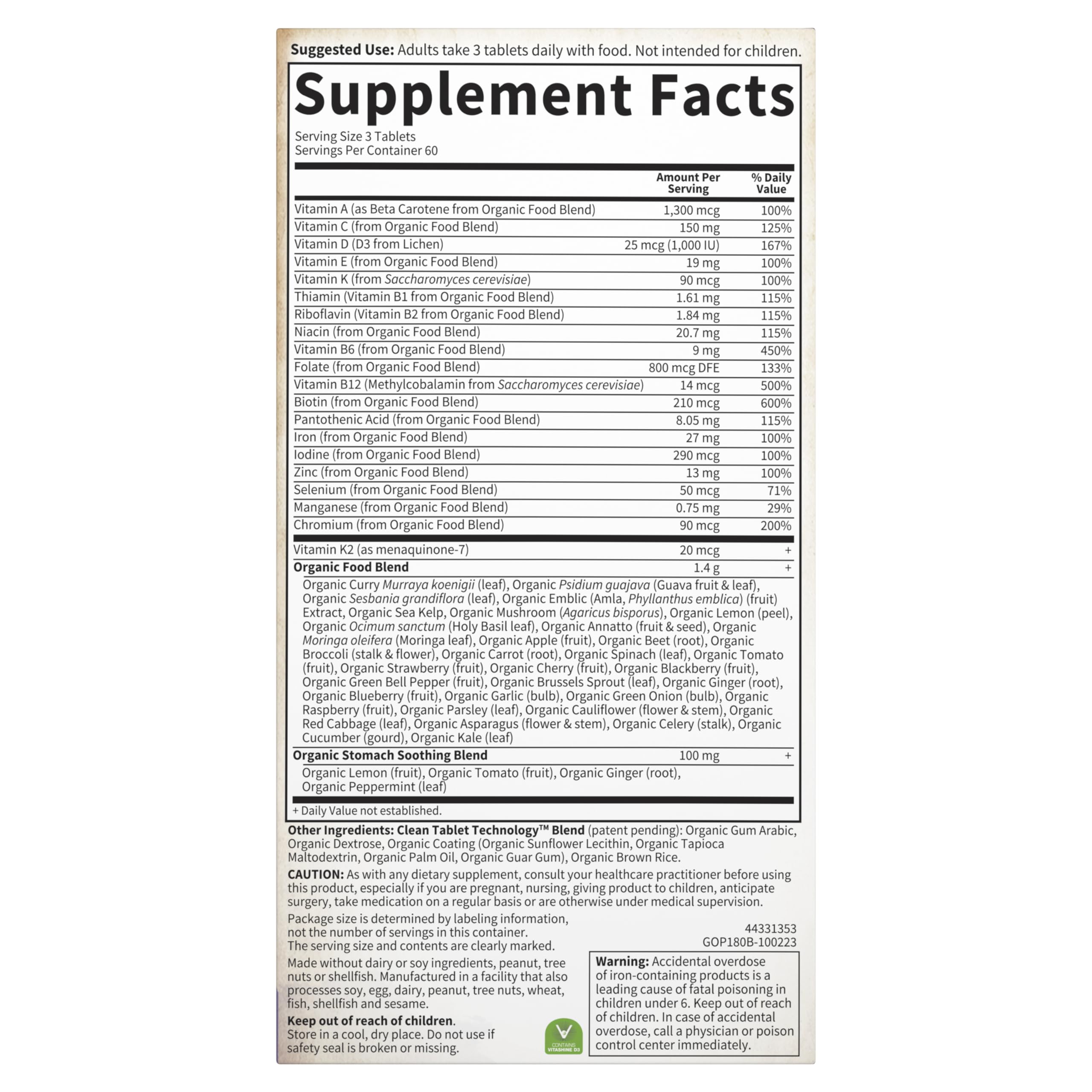 Garden of Life Organics Prenatal label illustrating three-tablet daily serving.