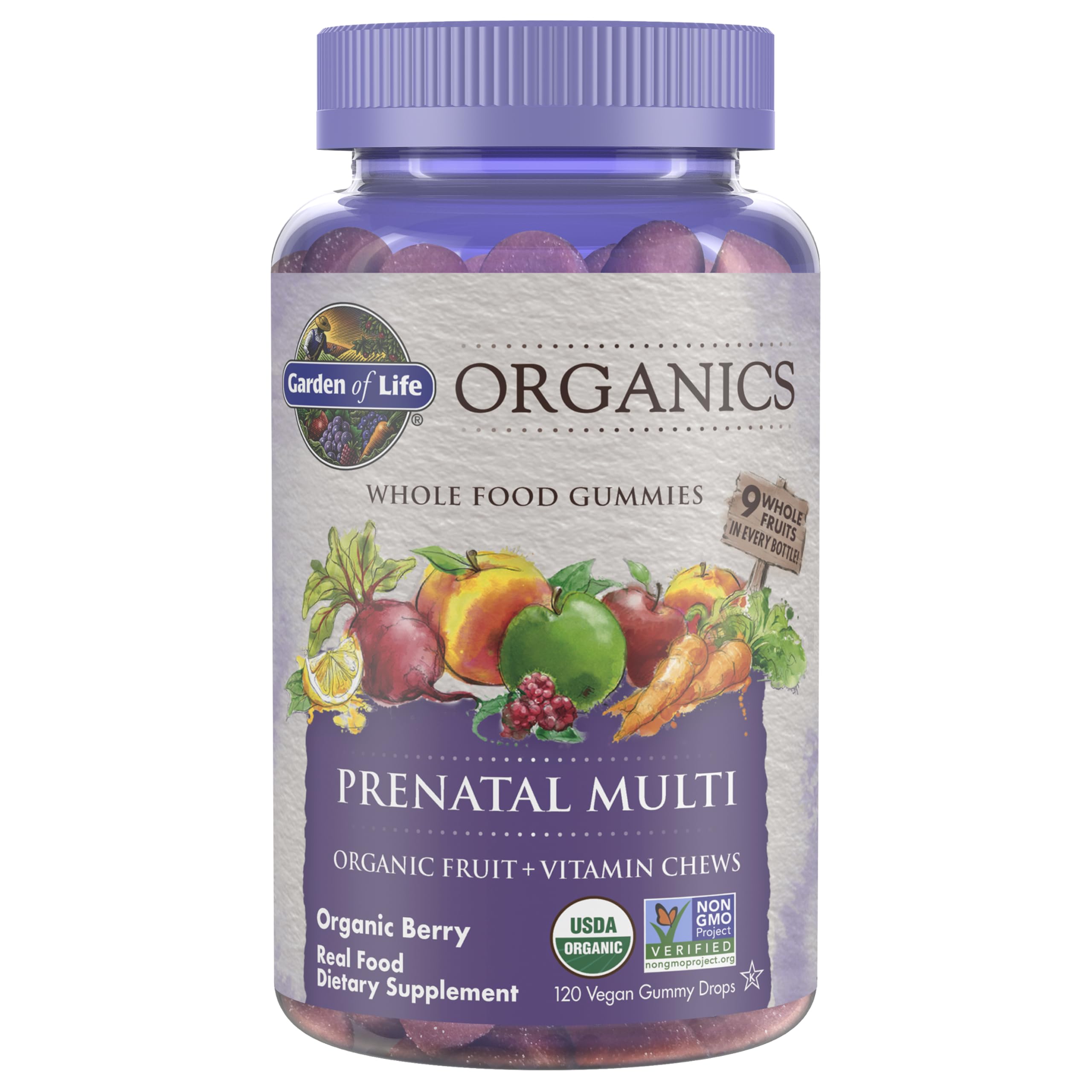 Garden of Life Organics Prenatal Gummies bottle front highlighting berry flavor and daily fetal support