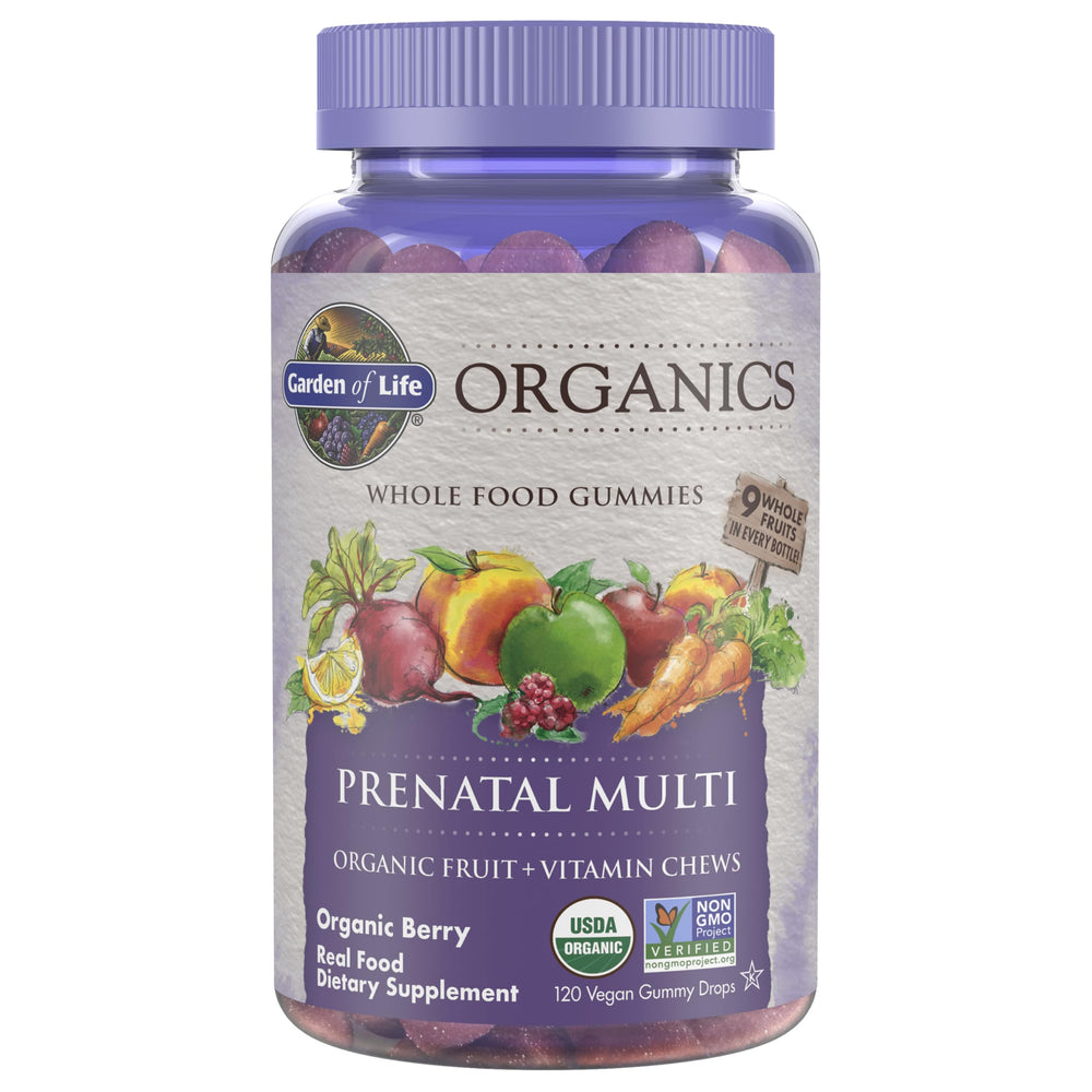 Garden of Life Organics Prenatal Gummies bottle front highlighting berry flavor and daily fetal support