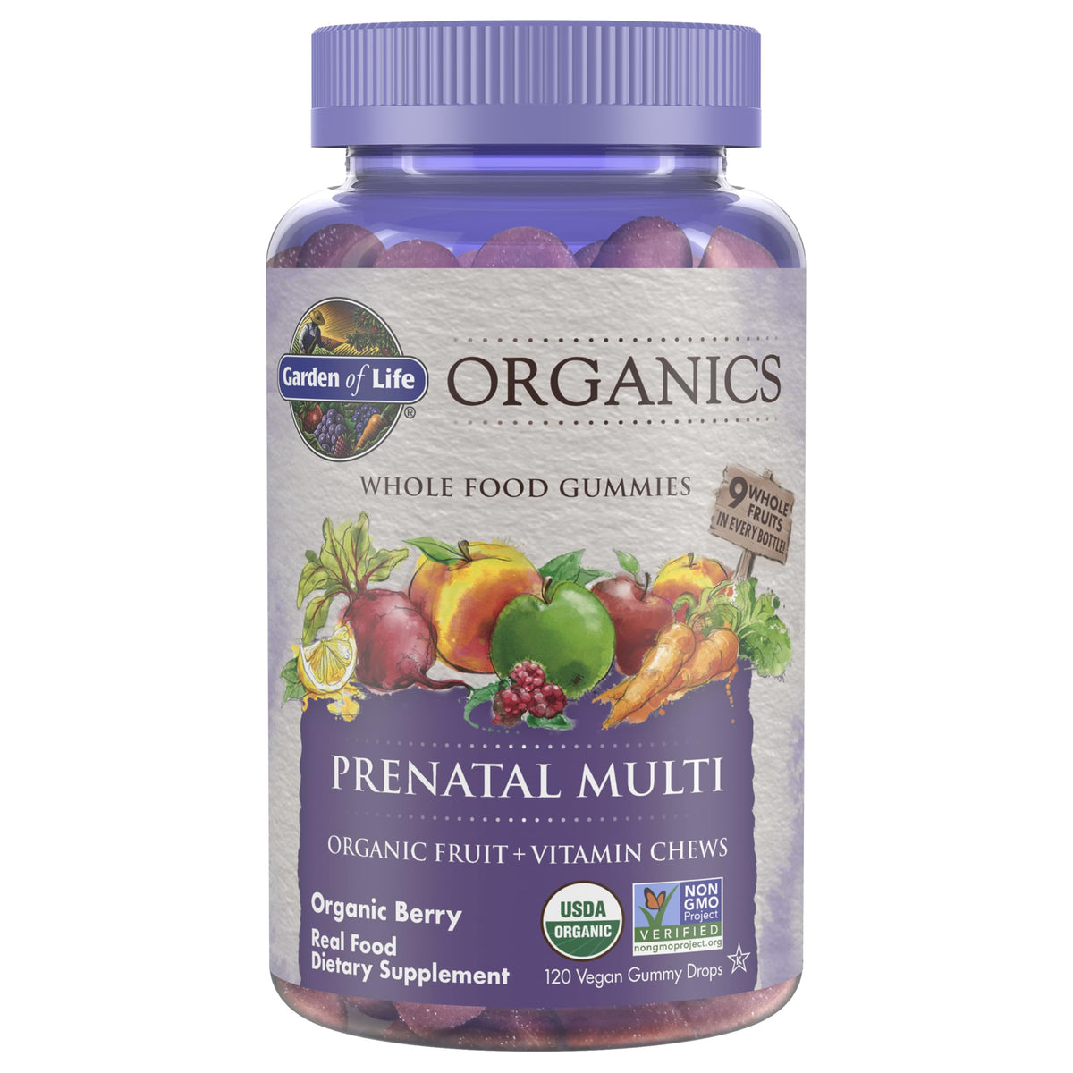 Garden of Life Organics Prenatal Gummies bottle front highlighting berry flavor and daily fetal support