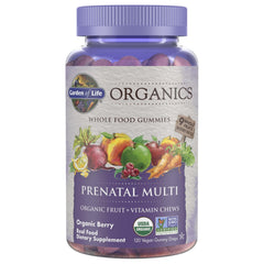 Garden of Life Organics Prenatal Gummies bottle front highlighting berry flavor and daily fetal support
