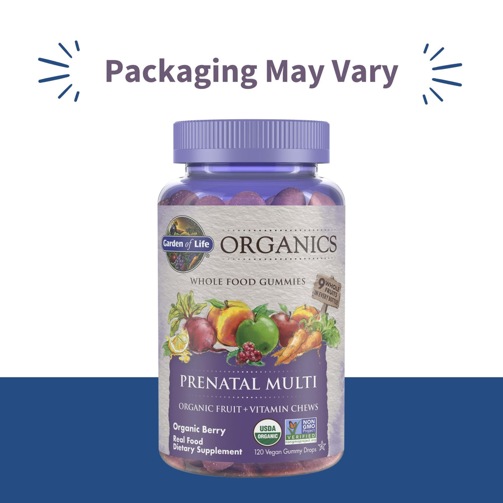 Garden of Life Organics Prenatal Gummies ingredients panel shows folate from lemon peel