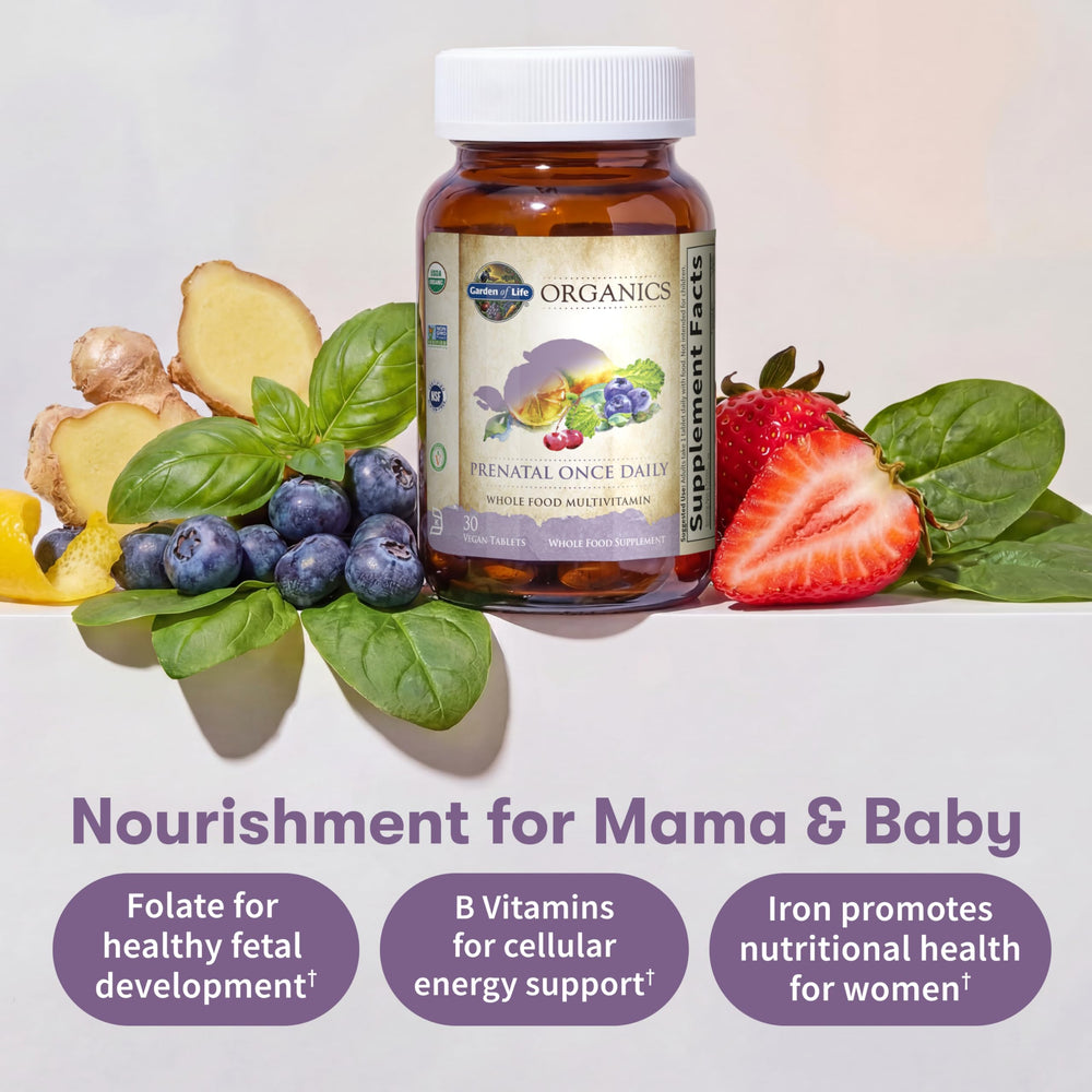 Garden of Life Organics Prenatal iron tablet highlighting 18 mg non-constipating iron.