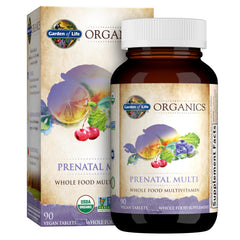 Garden of Life Organics Prenatal Multi bottle on kitchen counter for daily use