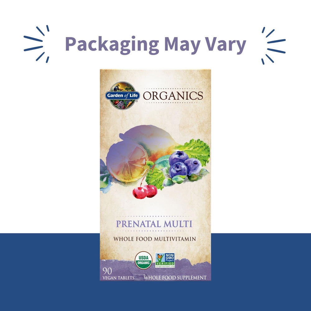 Garden of Life Organics Prenatal Multi tablets close-up showing plant-based nutrients