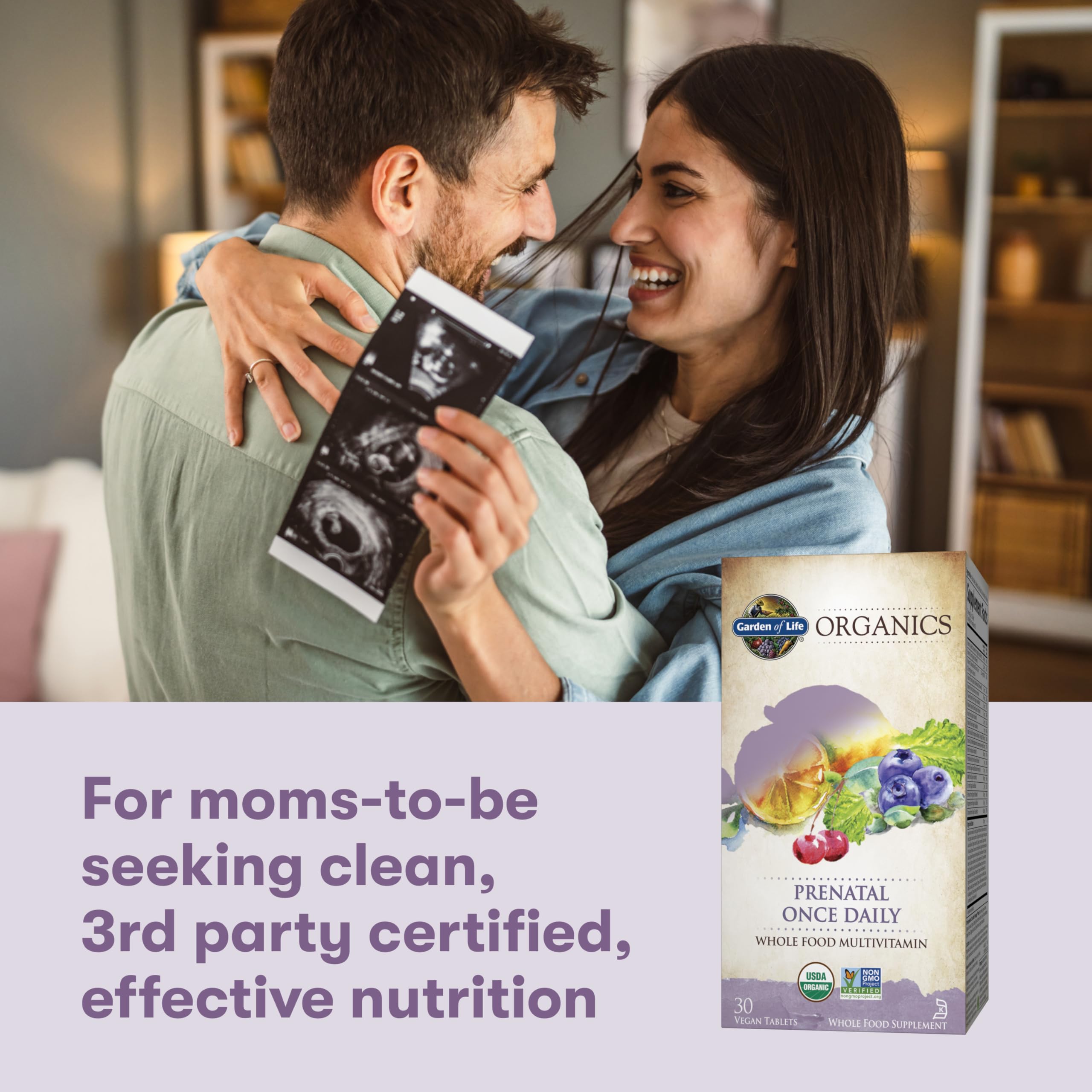 Garden of Life Organics Prenatal one-a-day packaging and usage cue.