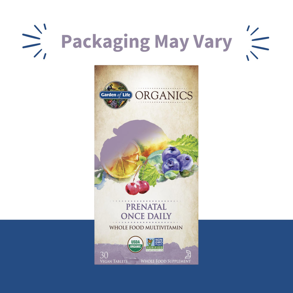 Garden of Life Organics Prenatal tablet close-up shows easy-to-swallow design.