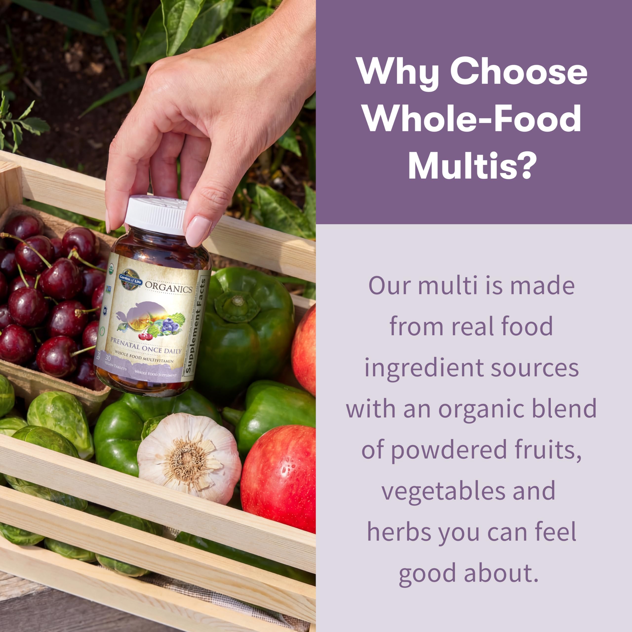 Garden of Life Organics Prenatal whole-foods ingredients panel close-up.