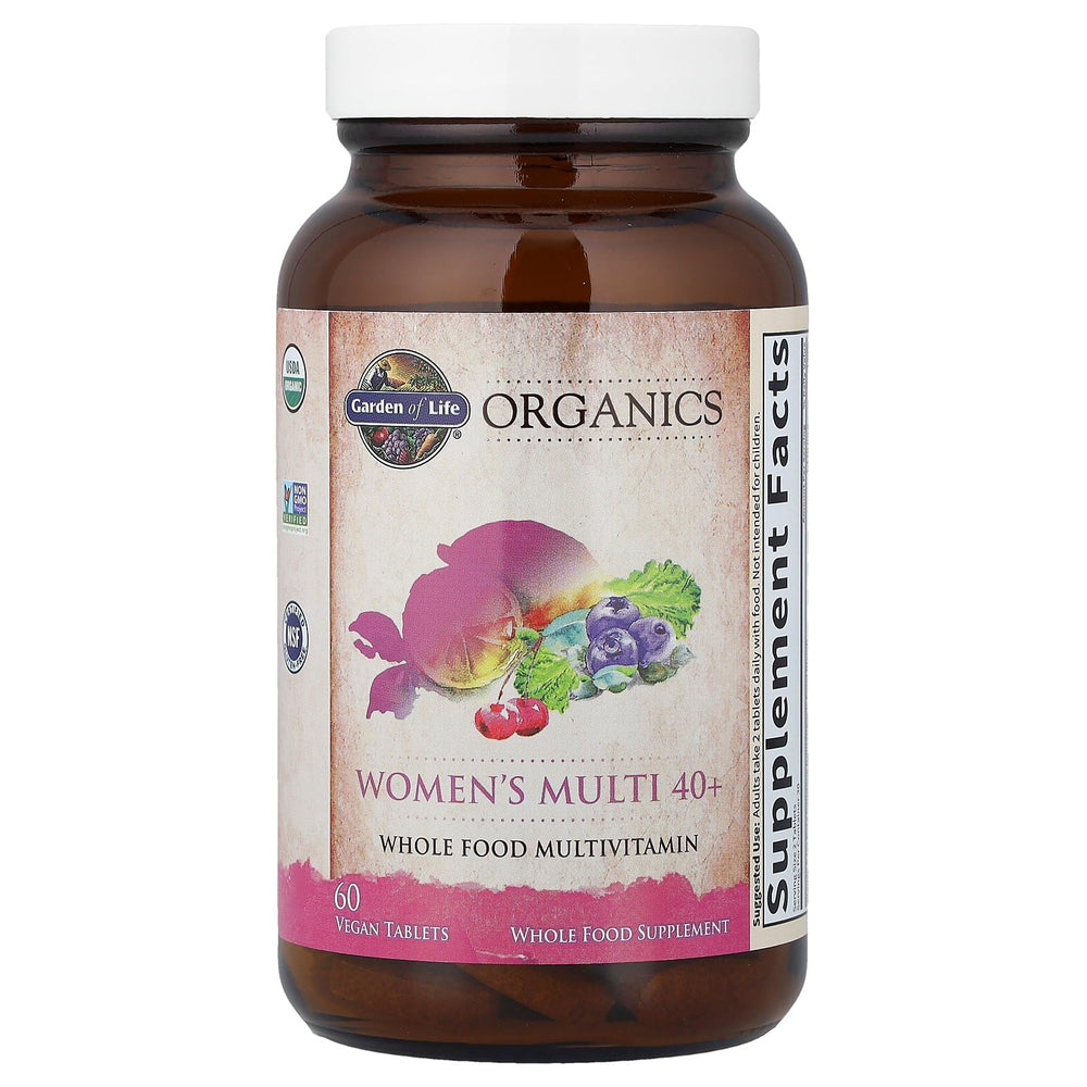 Garden of Life Organics Women 40+ multi ingredients blend bottle shot showcases real foods.