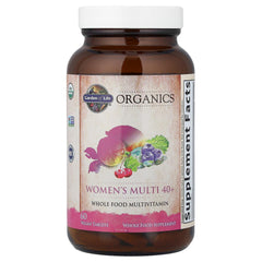 Garden of Life Organics Women 40+ multi ingredients blend bottle shot showcases real foods.