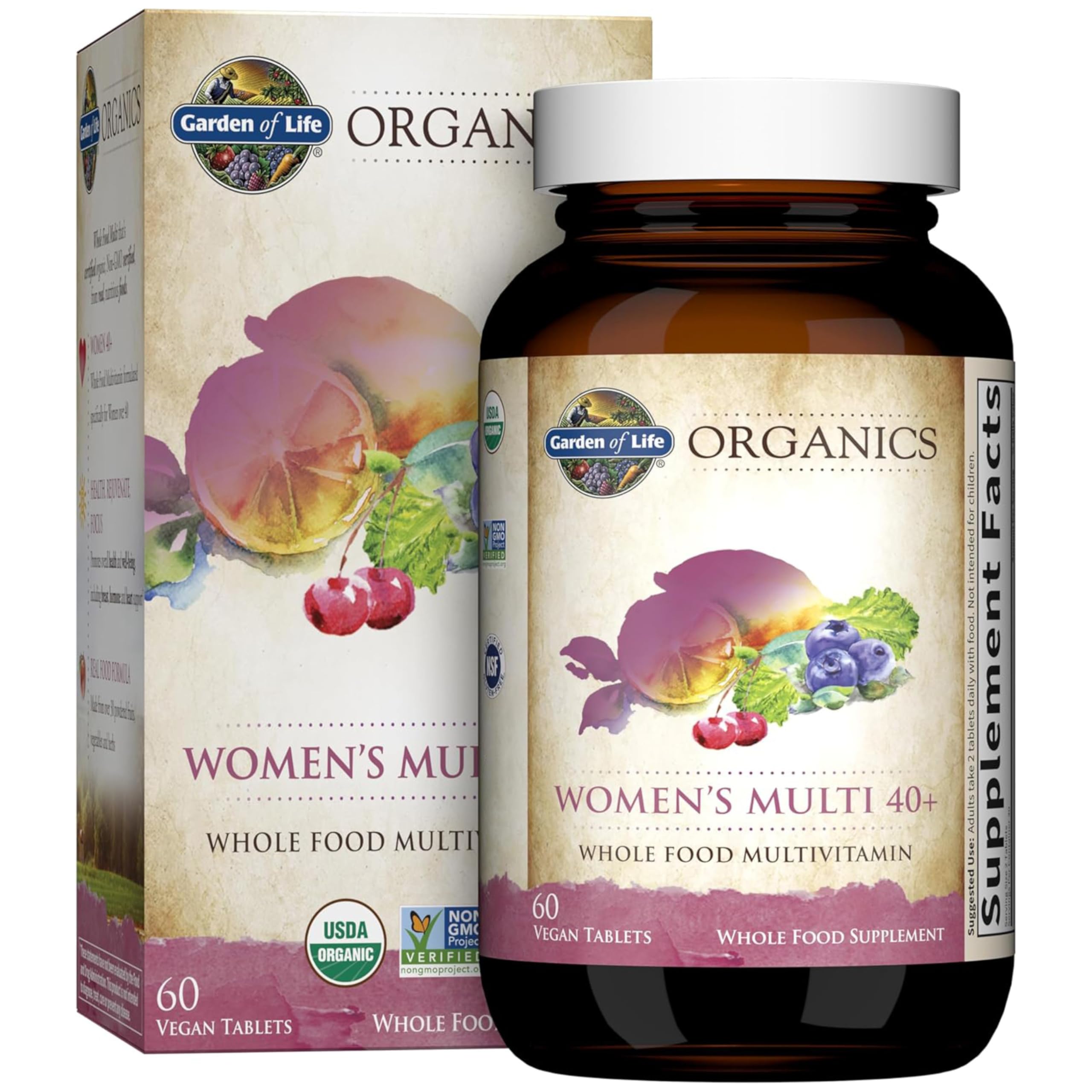 Garden of Life Organics Women 40+ multi bottle on shelf supports daily energy and metabolism.