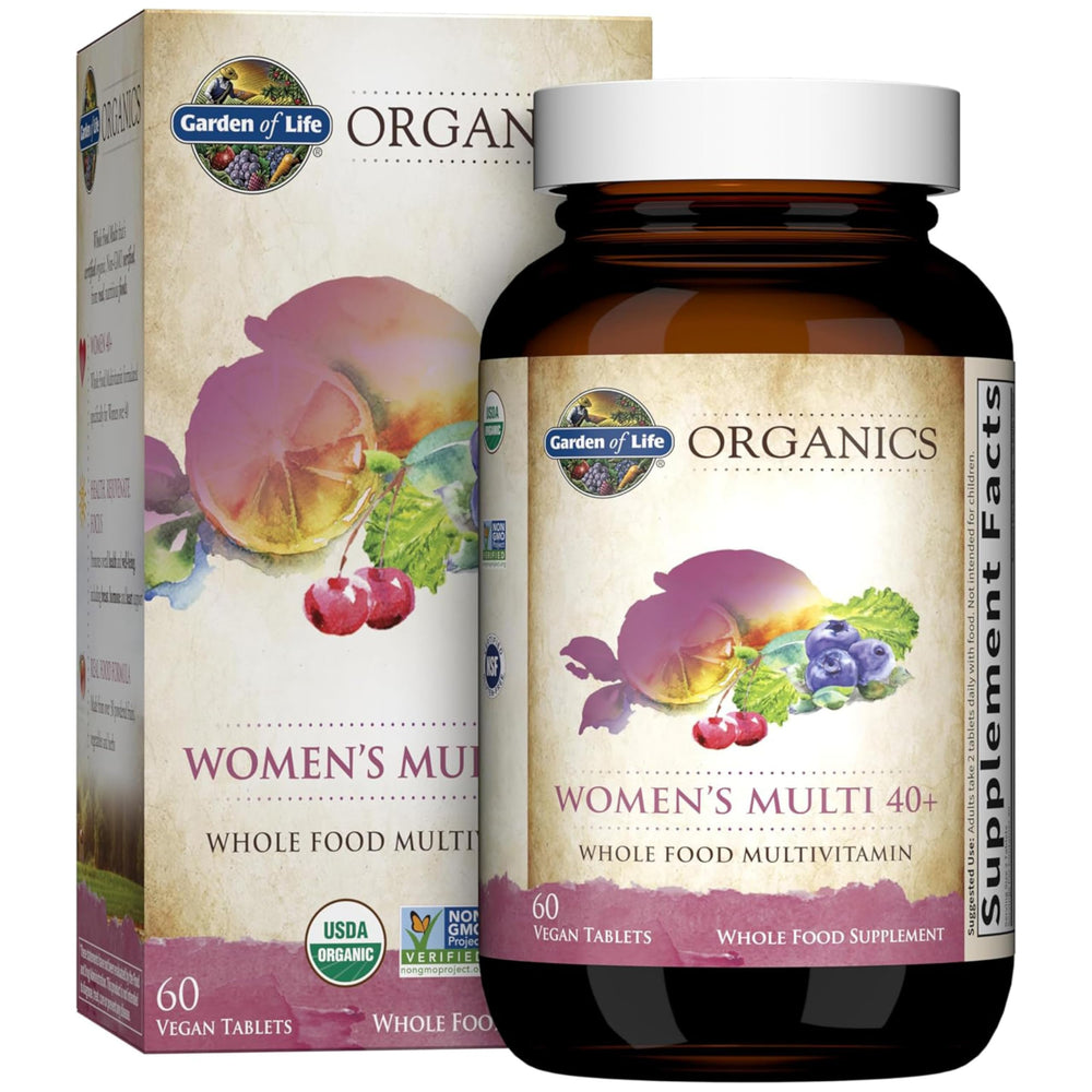 Garden of Life Organics Women 40+ multi bottle on shelf supports daily energy and metabolism.
